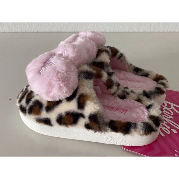 Barbie Leopard Print Pink Heart Plush Faux Fur Slippers Women’s Size Small 5-6 - Picture 9 of 16